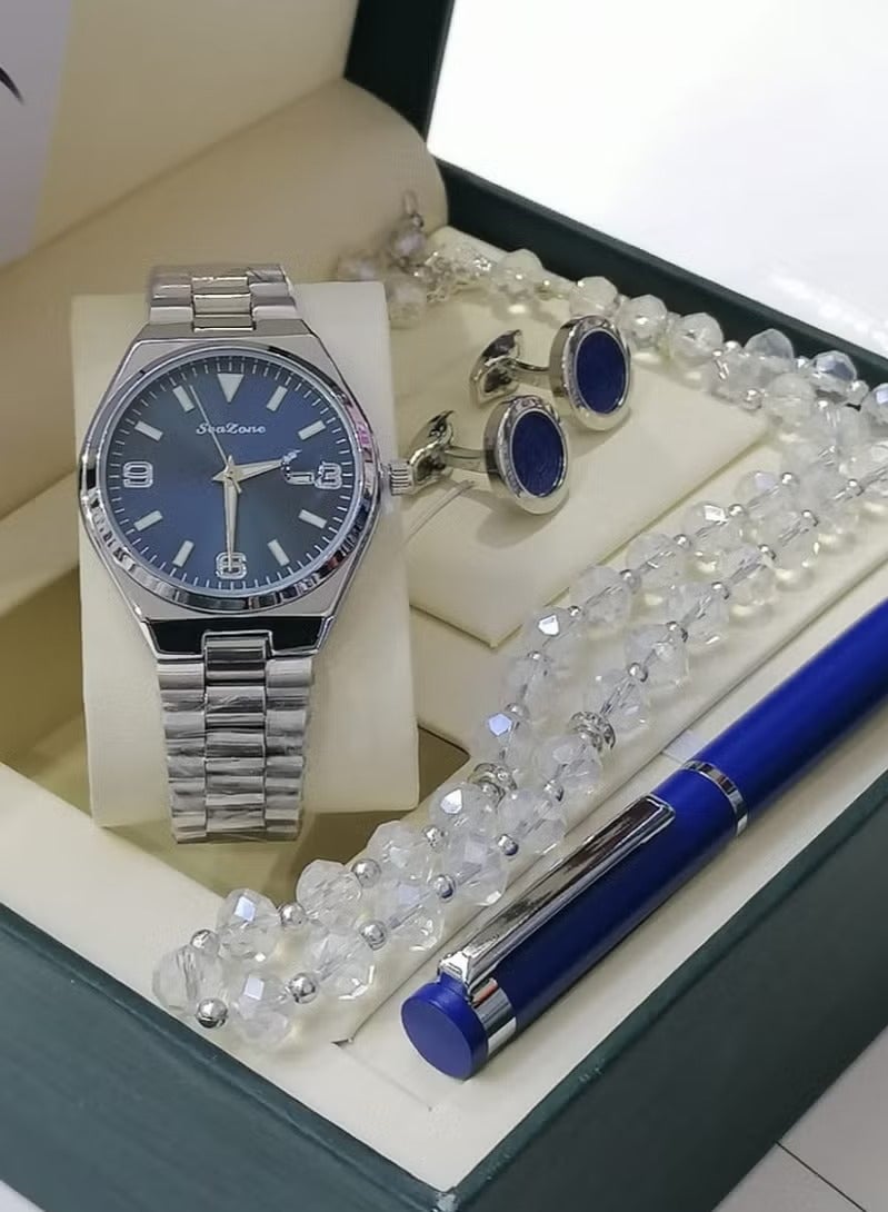 طقم رجالي من الستانلس ستيل مكون من ساعة وسبحة وقلم وازرار اكمام القمصان